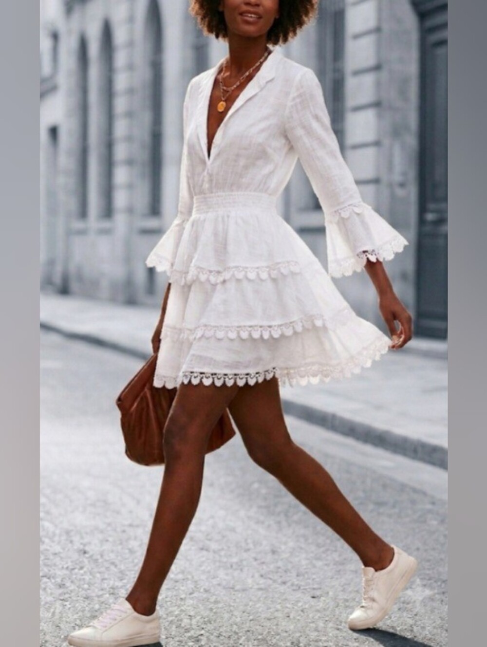 WAIMARI Calamaro White Tiered Lace Mini Dress Size S